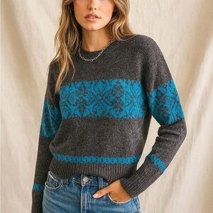 Vintage 80s Nordic Winter Print Grey Blue Crewneck Skii Grandma Grandpa Sweater
